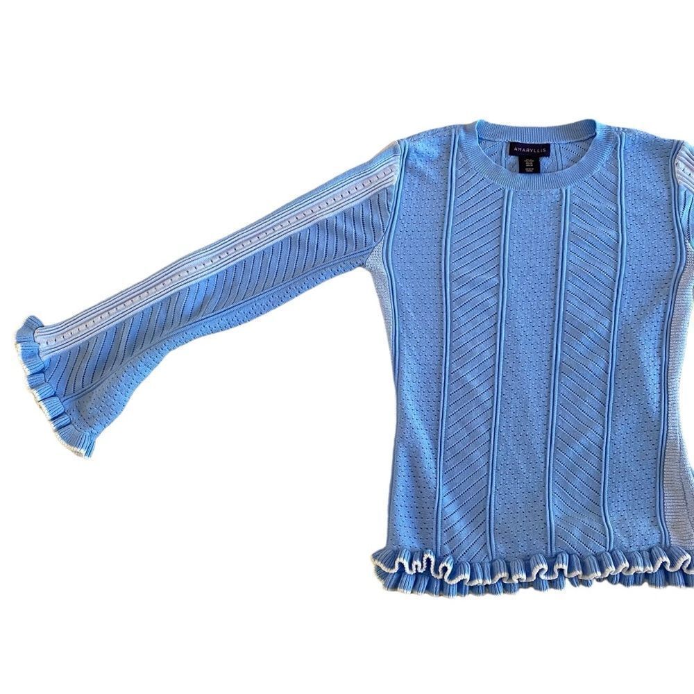 EUC Blue Amaryllis Sweater with White Accents and Ruffles